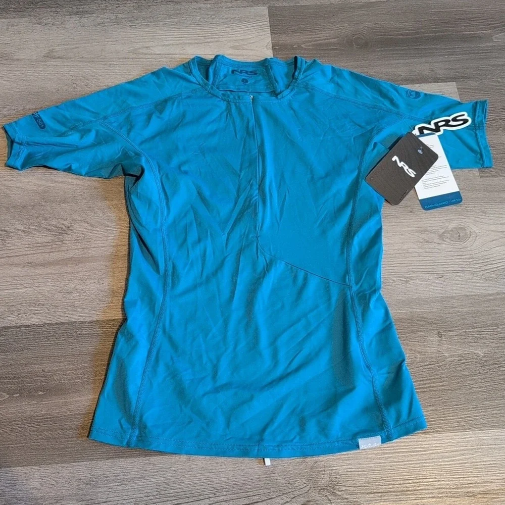NRS Women's H2Core Rashguard Short Sleeve‎ Shirt L Fjord Teal Blue NEW